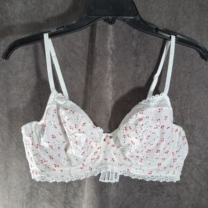 Forever 21 White Cherry Keyhole Daisy Sheer Polka Dot Lace Underwire Bra VG XL
